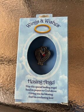 Healing Angel Heart Pendant - Gold with Red Stone
